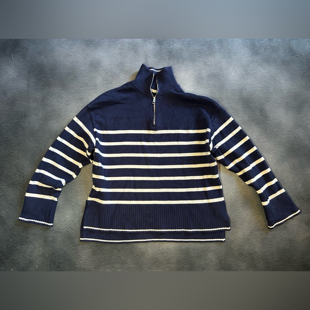 Oysho Navy and White Quarter Zip Striped Sweater- cozy, oversized SMALL